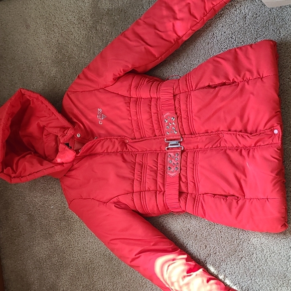 guess red winter jacket